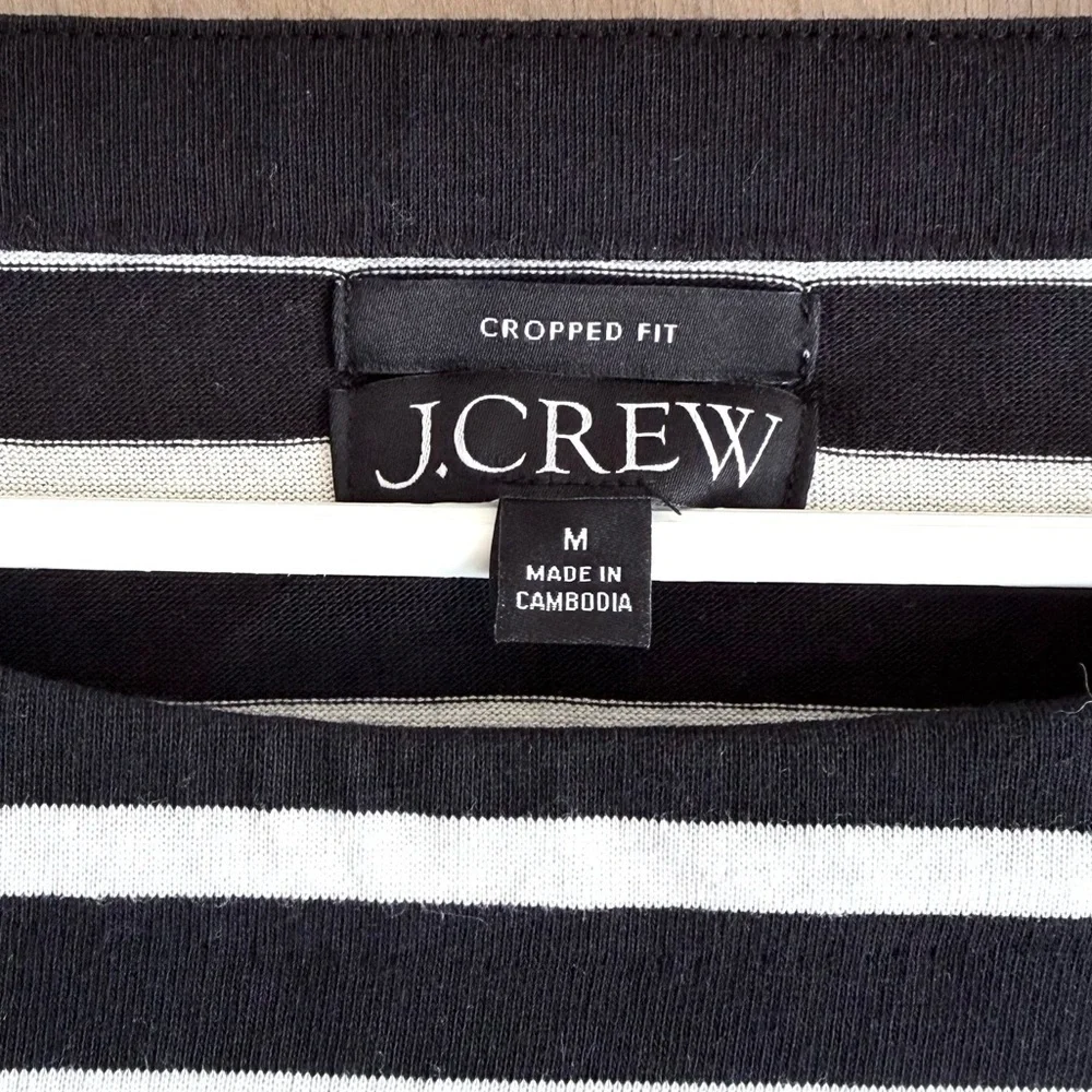 J.Crew Mariner Cotton Boatneck Tee Black White Stripe Cropped Women's M NWOT